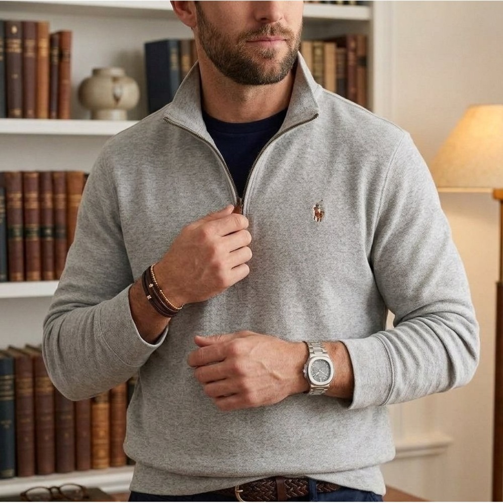 Polo Ralph Lauren Estate Rib 1/4 Zip Pullover Mens L Gray Cotton Flesh Pony Logo